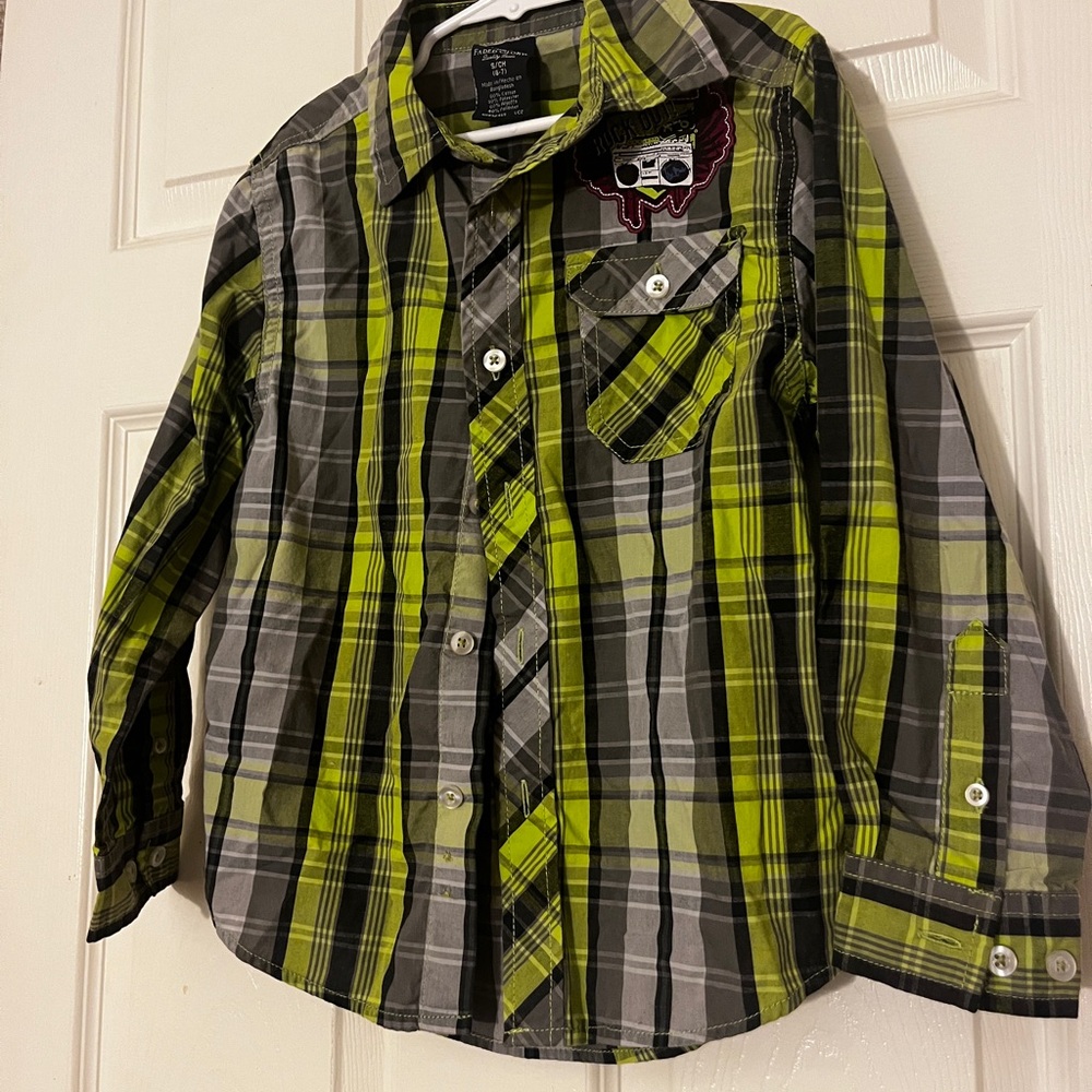 Faded Glory Lime and Charcoal Plaid Kids Shirt